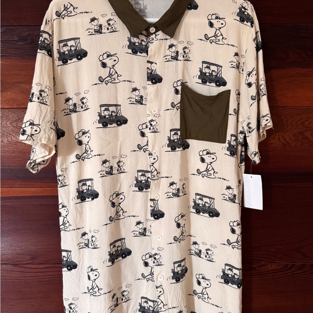 Men's Cream and Green Snoopy Print Golf Shirt